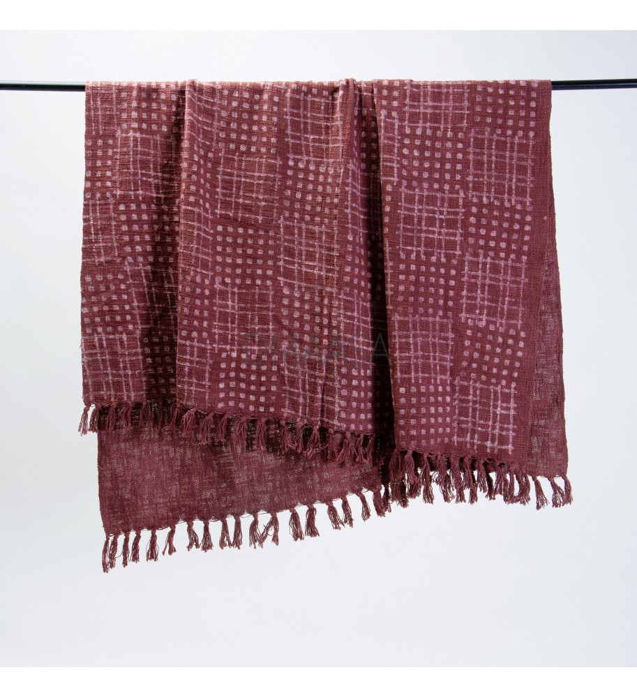 Burgundy Grid and Polka Dot Tassel Woven Blanket