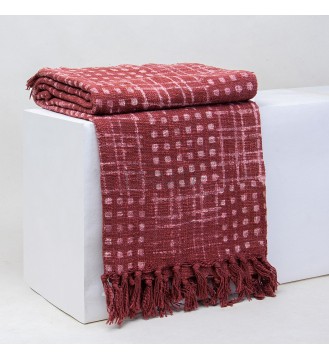 Burgundy Grid and Polka Dot Tassel Woven Blanket
