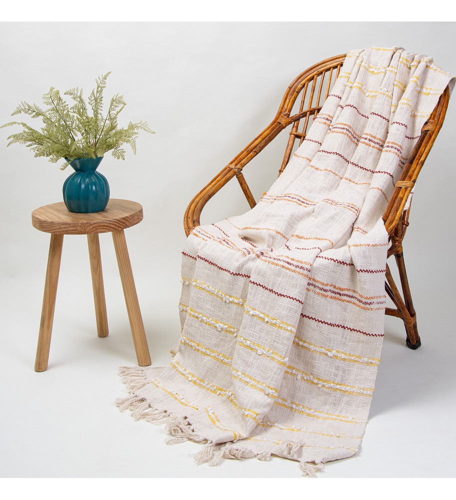 Cream Multi-Striped Fringed Woven Throw Blanket