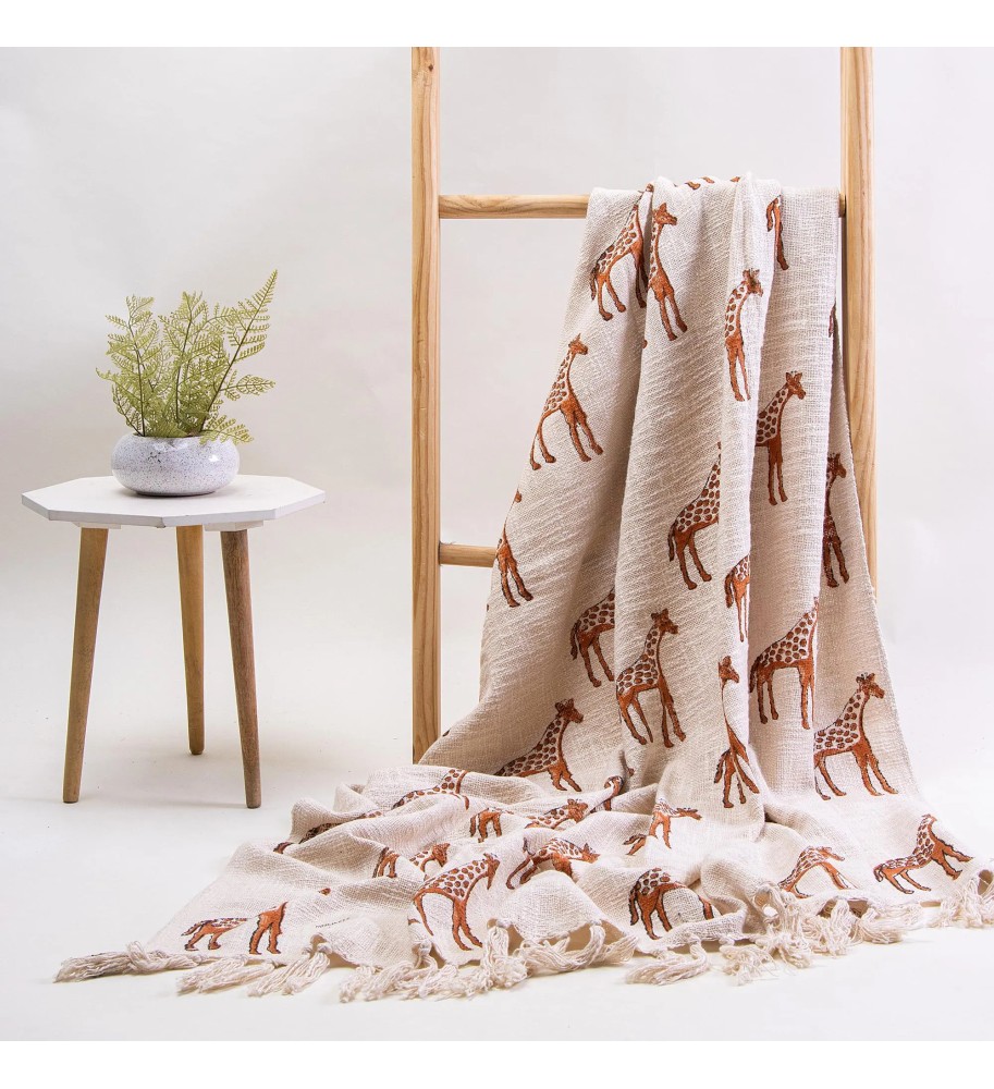 Cream Giraffe Fringed Woven Throw Blanket