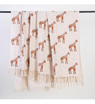 Cream Giraffe Fringed Woven Throw Blanket