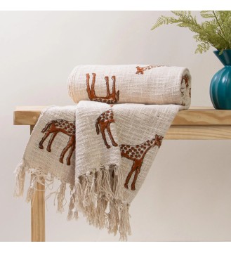 Cream Giraffe Fringed Woven Throw Blanket
