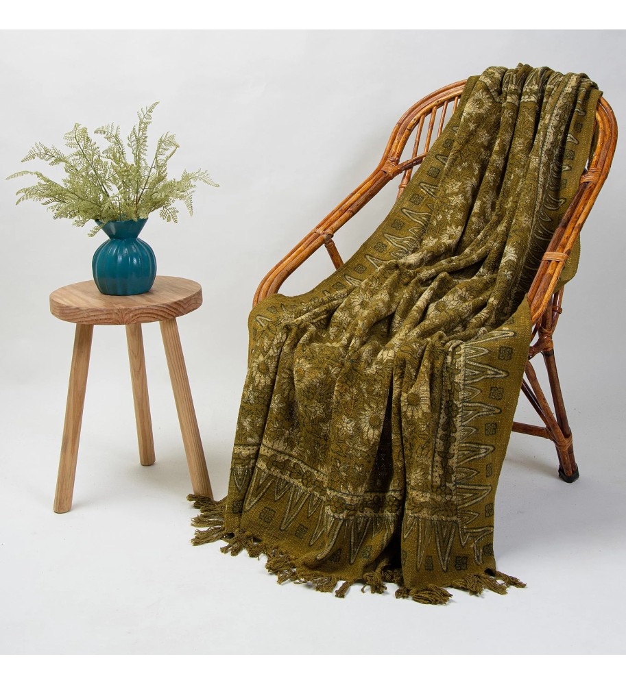 Olive Green Botanical Tassel Woven Throw Blanket