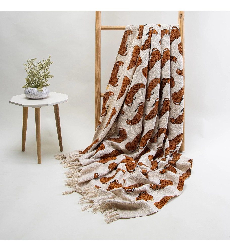 Cream Leopard Tassel Woven Throw Blanket