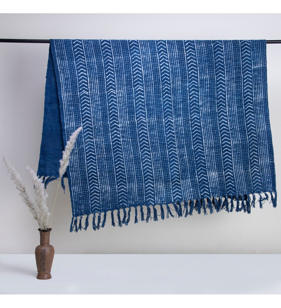 Indigo Striped Fringed Woven Throw Blanket