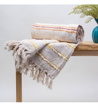 Cream Multi-Striped Fringed Woven Throw Blanket