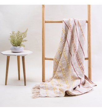 Cream Multi-Striped Fringed Woven Throw Blanket