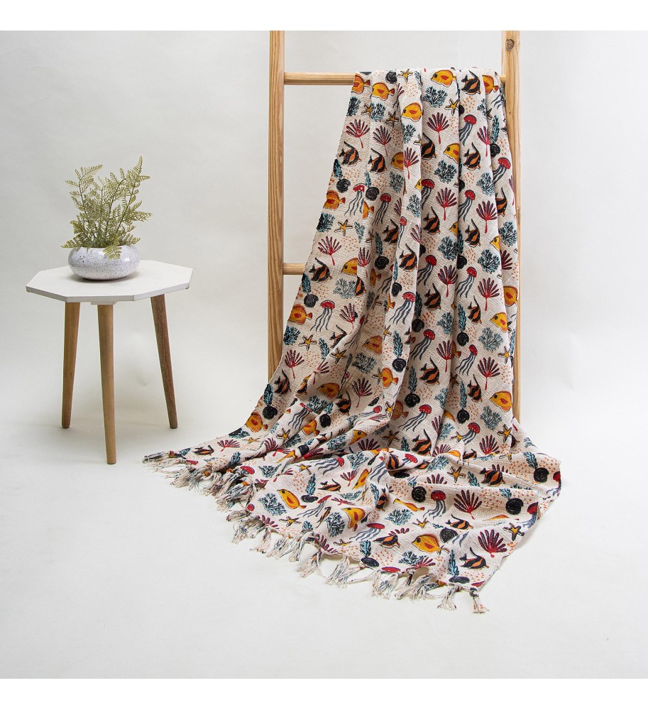 Cream Sea Life Fringed Woven Throw Blanket