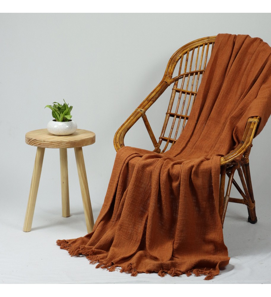 Rust Orange Fringed Woven Throw Blanket