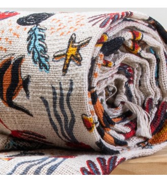 Cream Sea Life Fringed Woven Throw Blanket