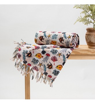 Cream Sea Life Fringed Woven Throw Blanket