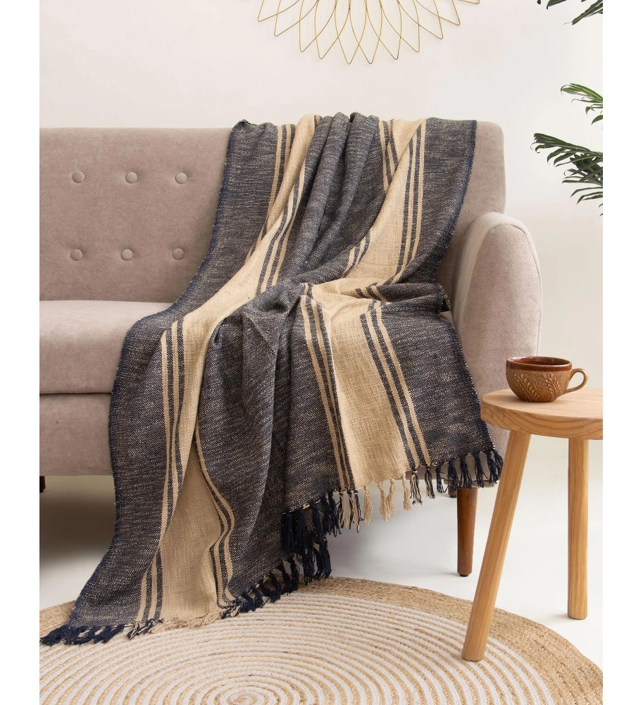 Navy and Sand Cabana Stripe Fringed Throw Blanket