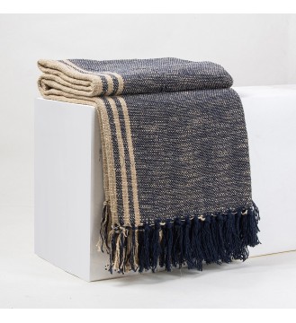 Navy and Sand Cabana Stripe Fringed Throw Blanket
