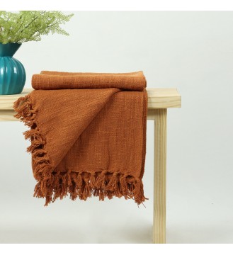 Rust Orange Fringed Woven Throw Blanket