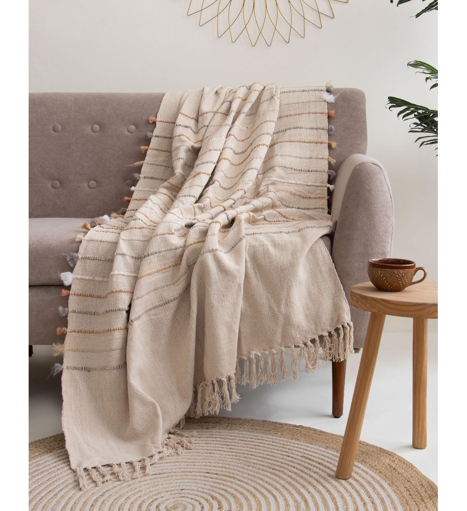 Sand Pom-Pom Trim Striped Fringed Throw Blanket