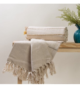 Sand Pom-Pom Trim Striped Fringed Throw Blanket
