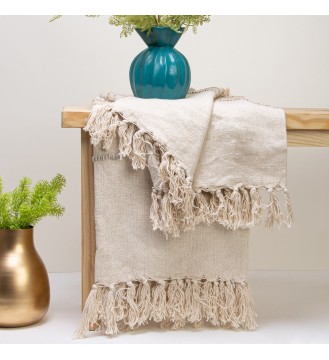Sand Pom-Pom Trim Striped Fringed Throw Blanket