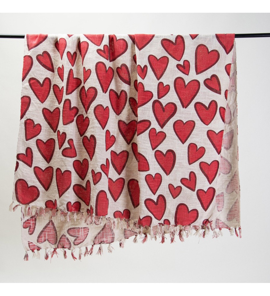 Cream and Red Heart Tassel Woven Throw Blanket