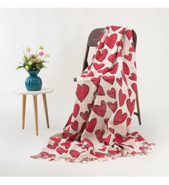 Cream and Red Heart Tassel Woven Throw Blanket
