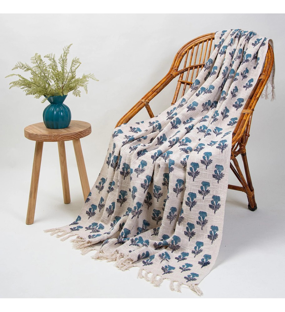 Cream and Blue Floral Tree Tassel Throw Blanket