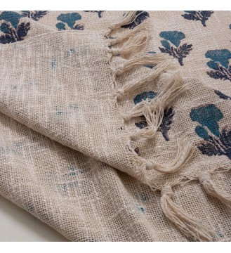 Cream and Blue Floral Tree Tassel Throw Blanket