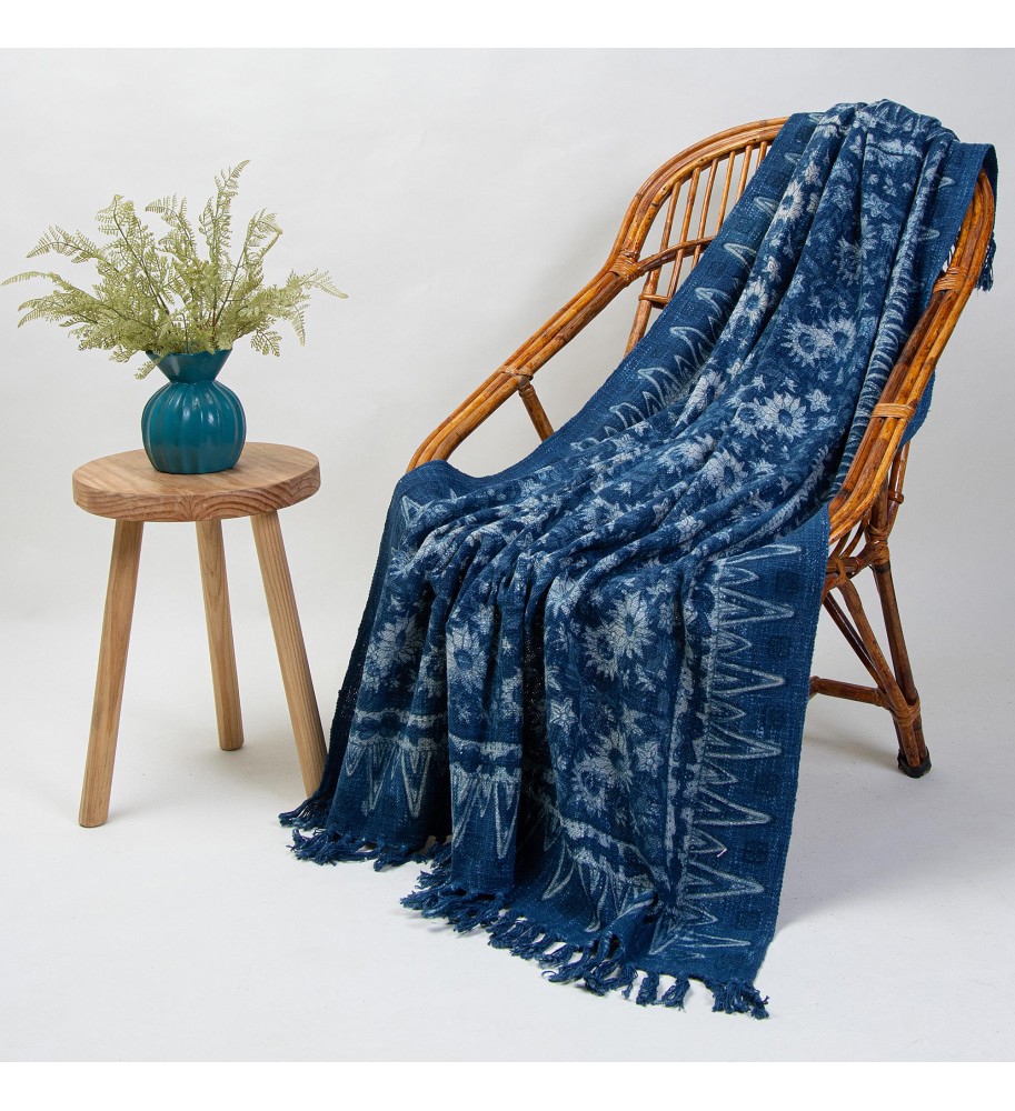 Indigo Floral Tassel Woven Throw