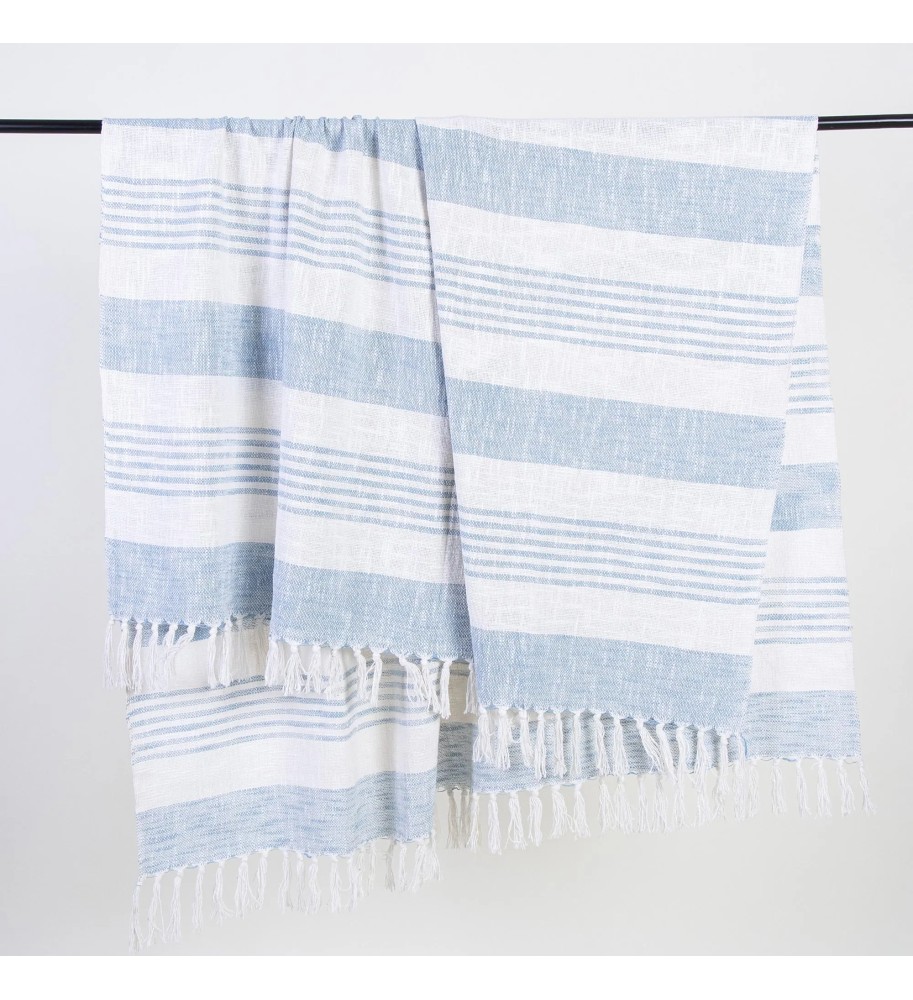 Sky blue coastal striped fringed woven throw blanket