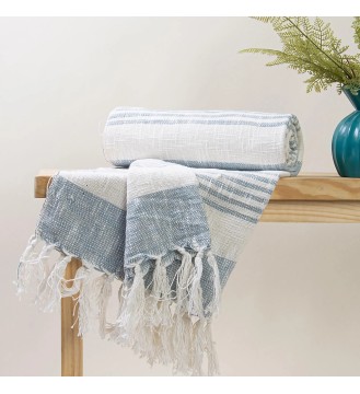 Sky blue coastal striped fringed woven throw blanket