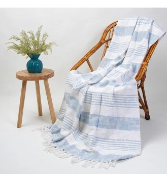 Sky blue coastal striped fringed woven throw blanket