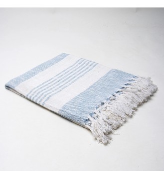 Sky blue coastal striped fringed woven throw blanket