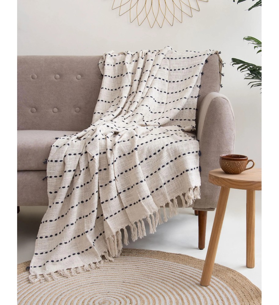 Cream and Navy Dotted Stripe Fringed Throw Blanket