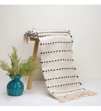 Cream and Navy Dotted Stripe Fringed Throw Blanket