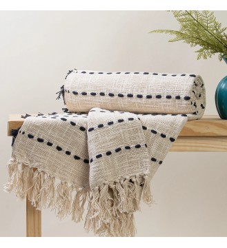 Cream and Navy Dotted Stripe Fringed Throw Blanket