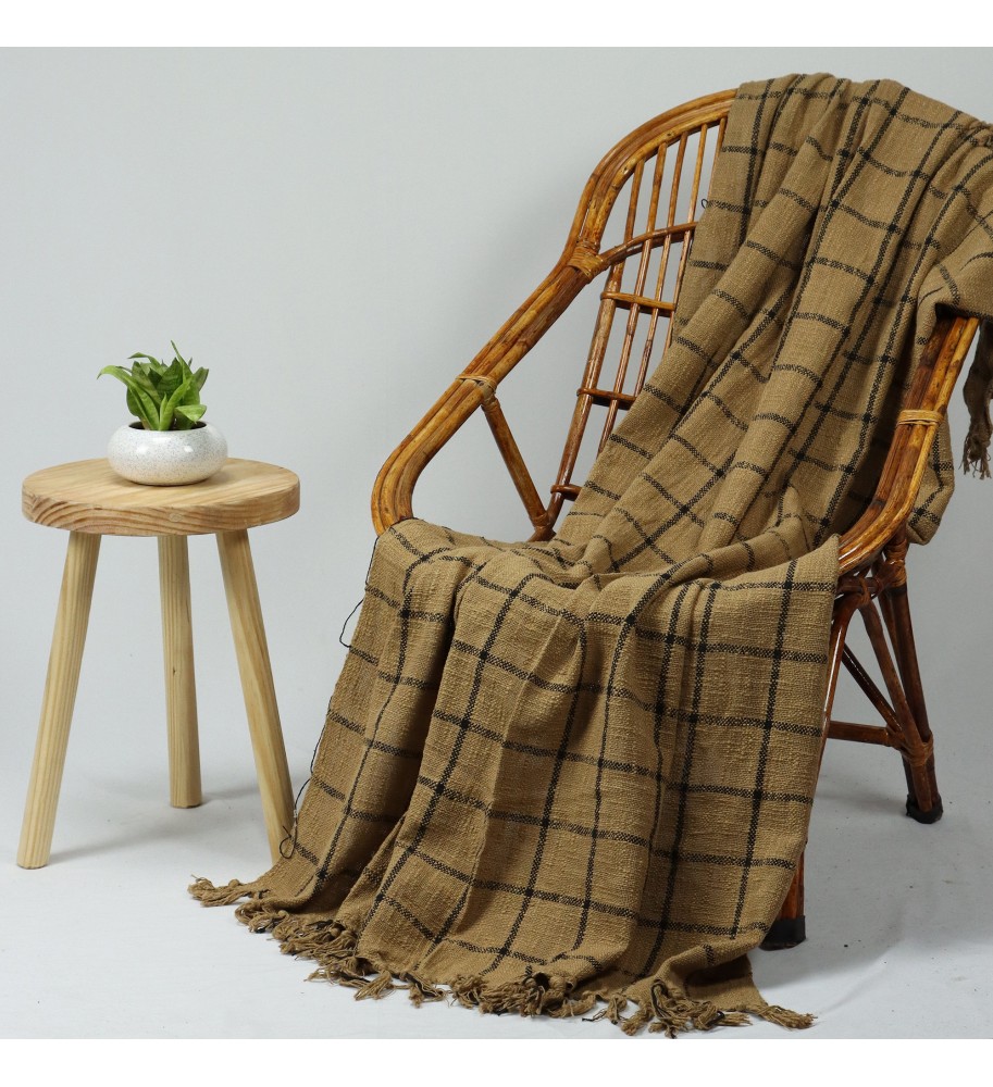 Camel Windowpane Tassel Woven Throw Blanket