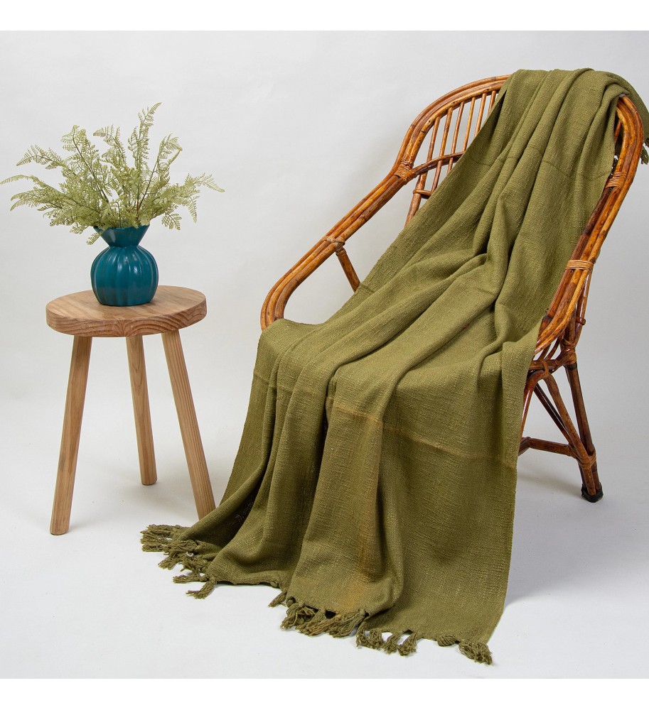 Olive Green Fringed Woven Throw Blanket