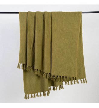 Olive Green Fringed Woven Throw Blanket